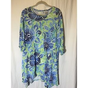 Caribbean Joe Women's Blue Green White Mosaic Summer Dress Asymmetric Hem L DD2